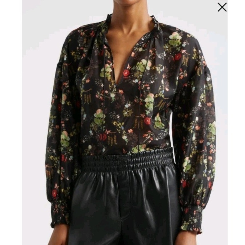 Alice + Olivia Julius Floral Silk-Blend Blouson Sleeve Tie Neck Top Sz SP